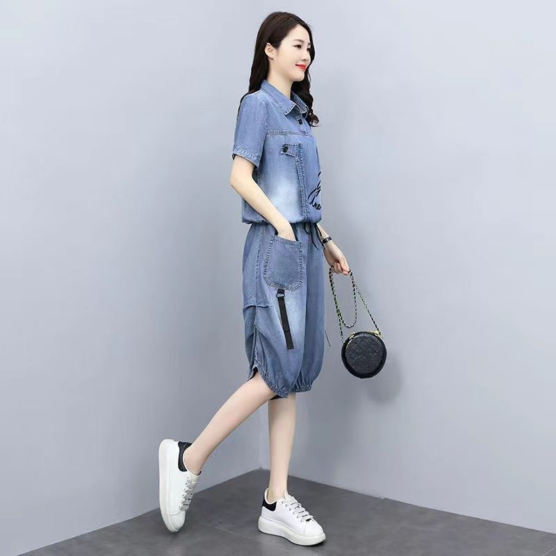 牛仔套装女夏季薄款2024新款韩版气质时尚洋气减龄短袖短裤两件套