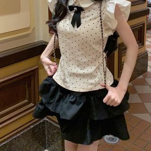 春夏季 高腰显瘦蛋糕裙两件套潮 温柔风气质飞飞袖 收腰蝴蝶结上衣