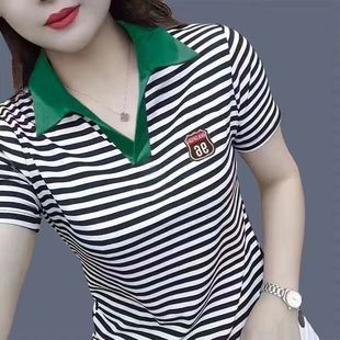 女装 洋气翻领短袖 夏季 新款 T恤女士修身 显瘦上衣小个子条纹Polo衫