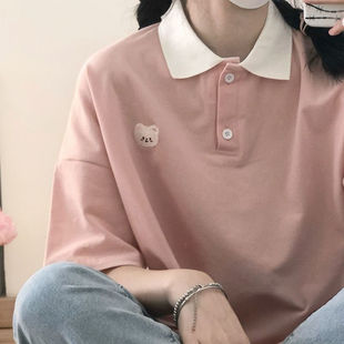 夏季 翻领T恤女含棉 学院日系少女可爱拼色小熊刺绣宽松短袖 polo衫