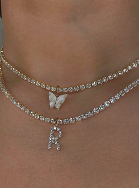 sweetbones定制字母锆石项链蝴蝶项链choker质感辣妹ins