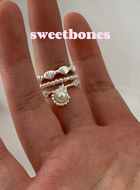 sweetbones不规则褶皱肌理纯银s925贝壳珍珠戒指开口