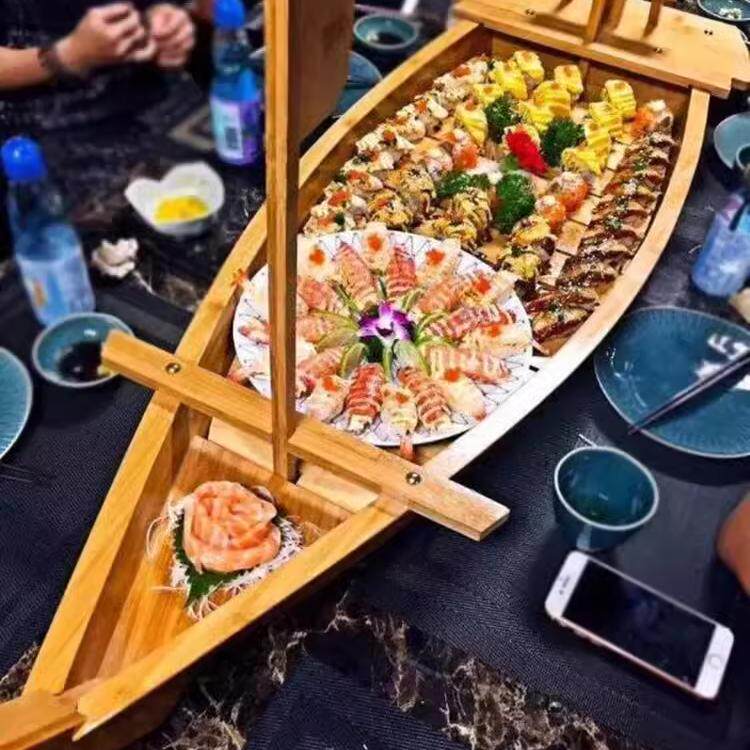 寿司船日式刺身船料理船海鲜木船寿司船竹船木船干冰船料理装饰船