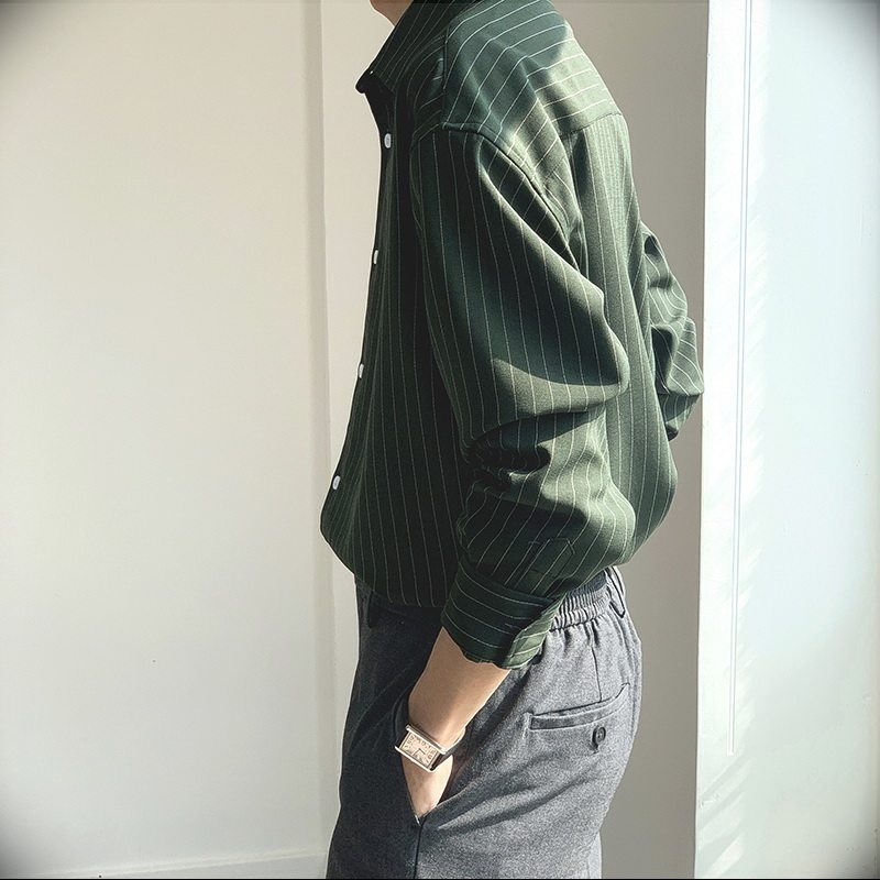 春夏高级感墨绿色冰丝条纹衬衫男长袖宽松丝滑免烫休闲衬衣时尚