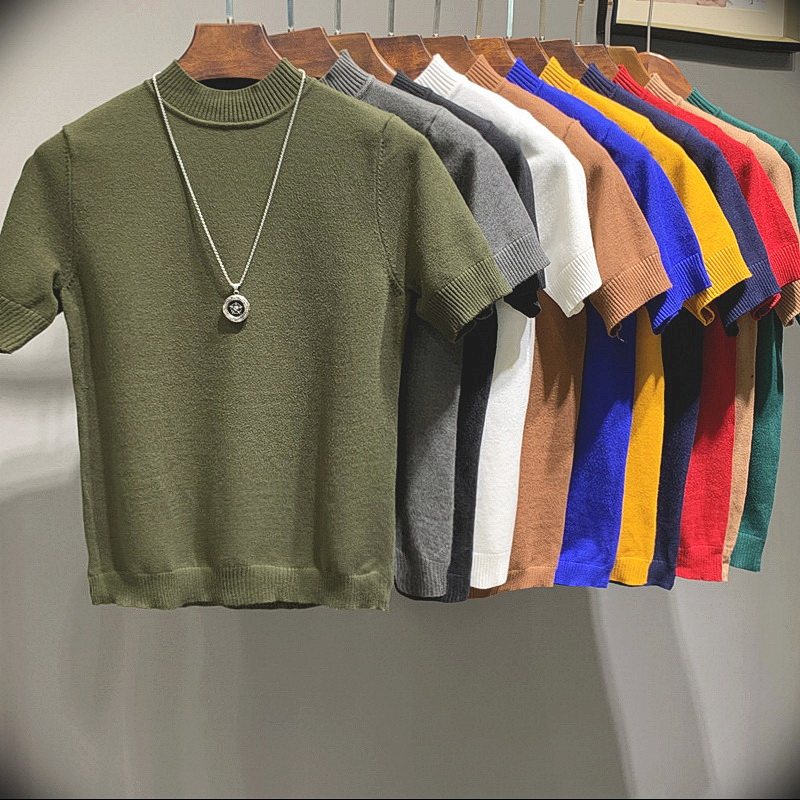 春款男士半高领针织短袖韩版修身纯色半袖T恤潮男紧身中领打底衫