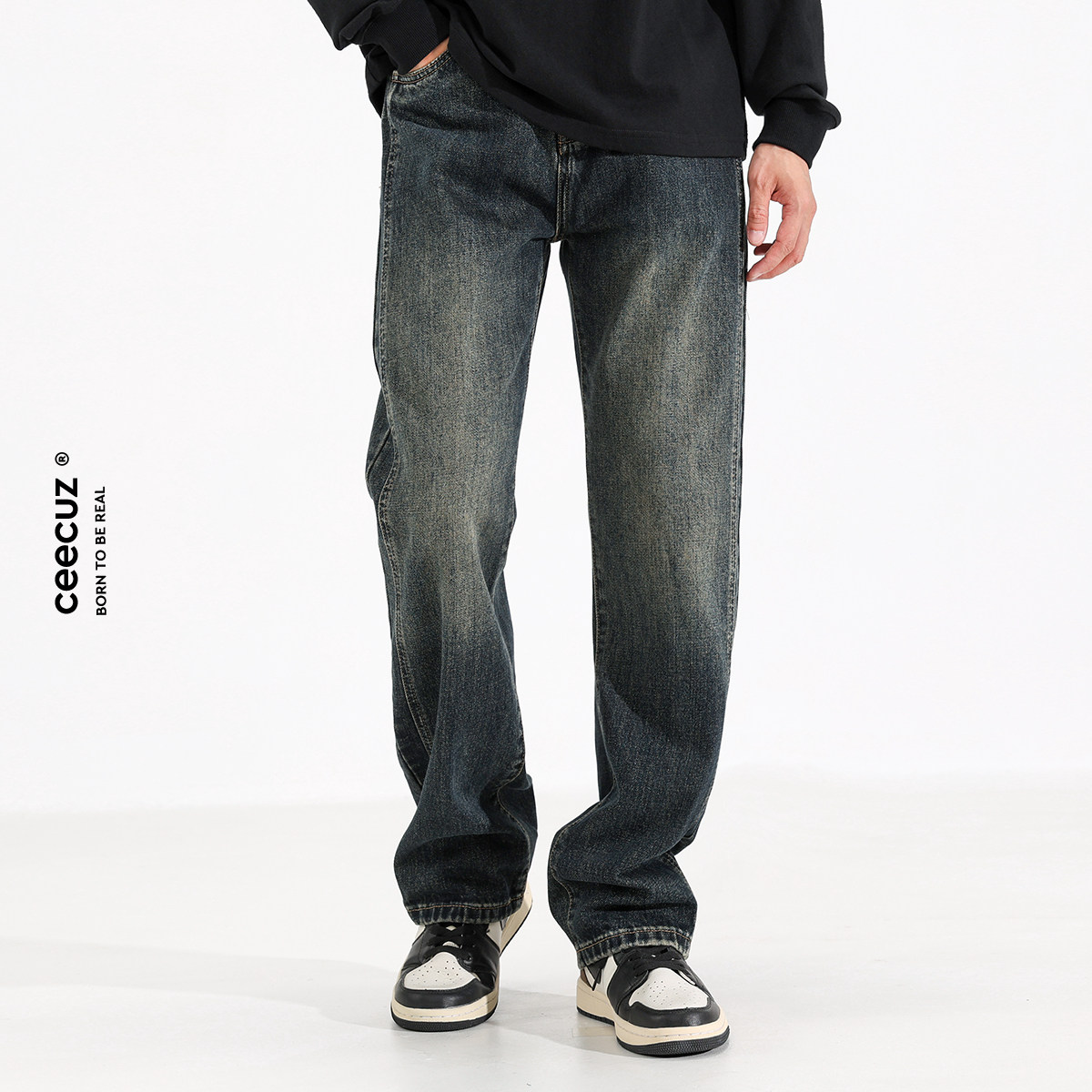 Ceecuz美式复古cleanfit直筒牛仔裤子男秋冬新款宽松阔腿休闲长裤