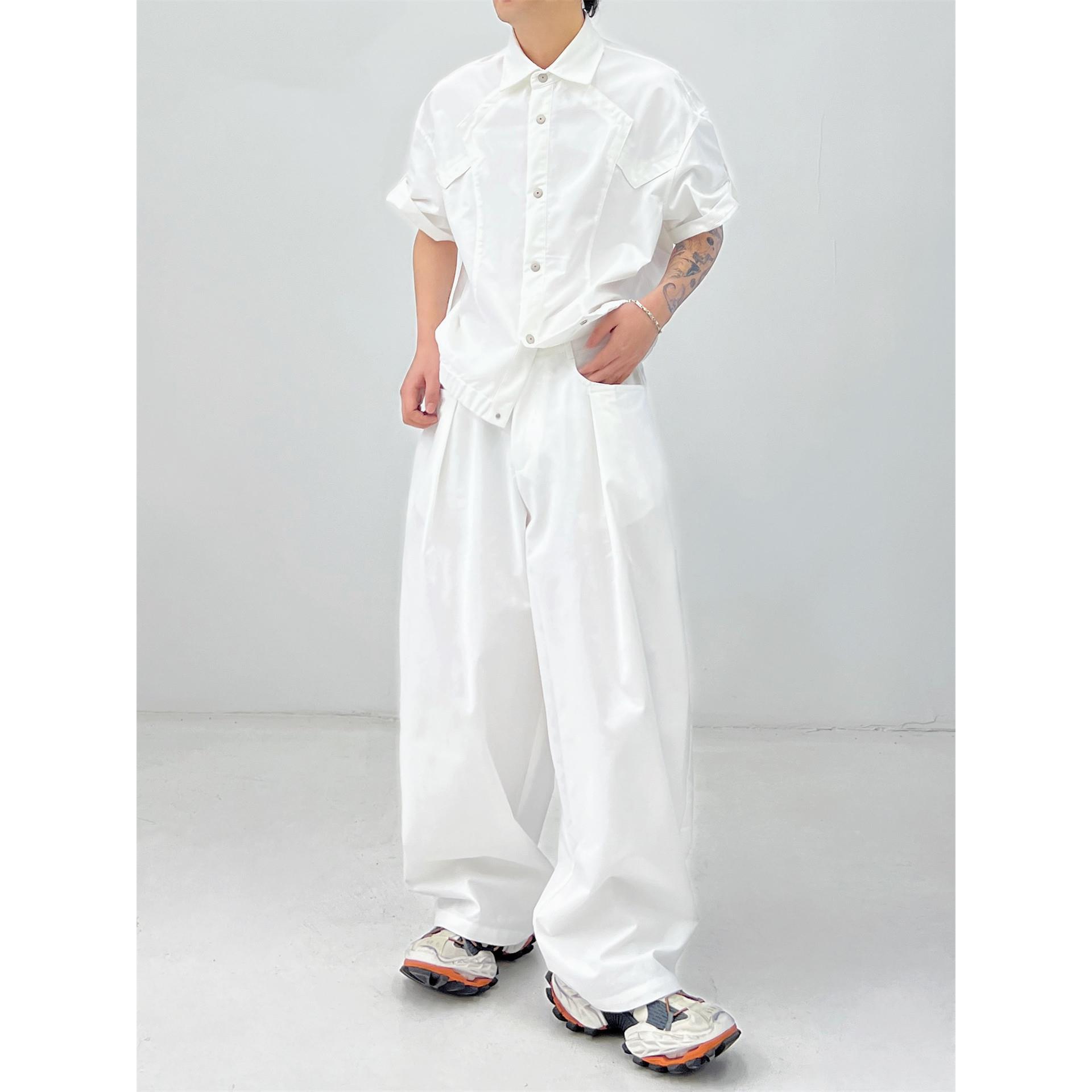 RSTstore 夏季简约翻领短款短袖男士衬衫T恤直筒阔腿宽松休闲长裤