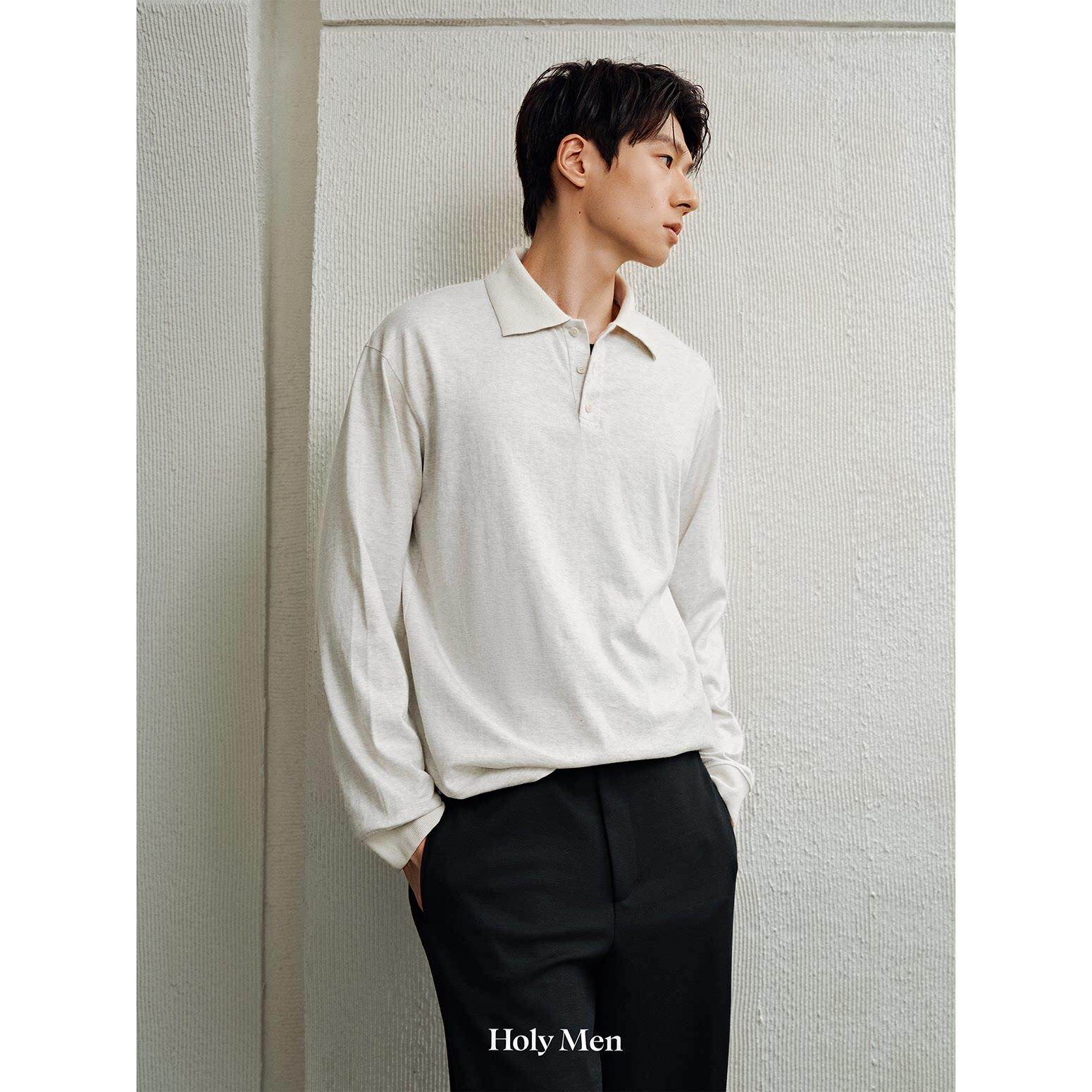 HolyMen | 秋季毛织拼领有机棉花纱宽松休闲针织polo长袖男士打底
