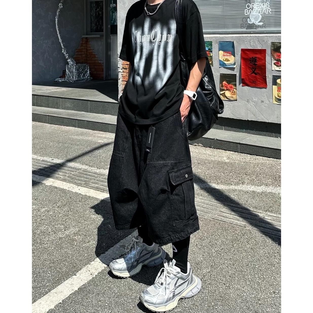 GD美式复古高街大口袋七分裤男小众宽松水洗做旧阔腿牛仔工装五分