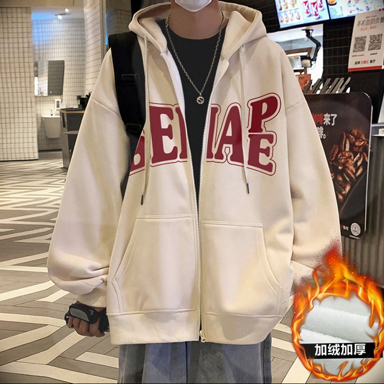 港风潮牌加厚加绒卫衣男秋冬季ins美式宽松印花连帽开衫休闲外套