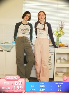 TAKEANAP午睡  美式复古插肩T恤女长袖+工装休闲裤套装