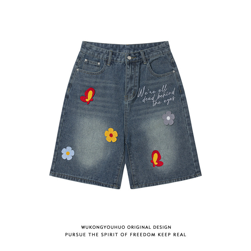 悟空有货复古美式花瓣贴布做旧牛仔短裤男宽松直筒阔腿潮流五分裤