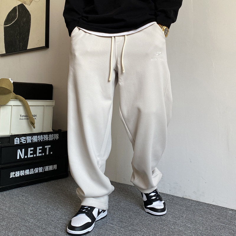 秋季美式休闲痞帅高端针织卫裤男直筒宽松抽绳百搭阔腿运动裤子潮