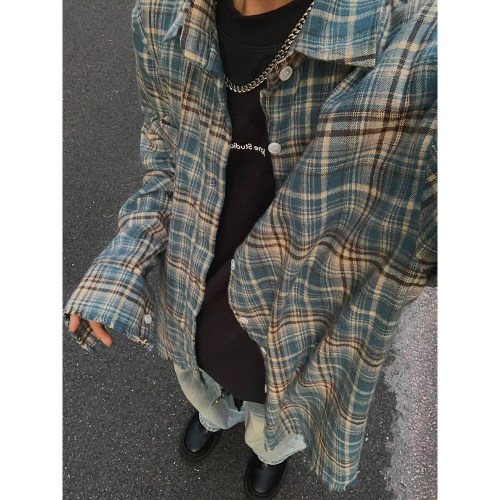 美式复古格纹长袖衬衫男2026春秋宽松休闲痞帅毛边格子衬衣外套潮
