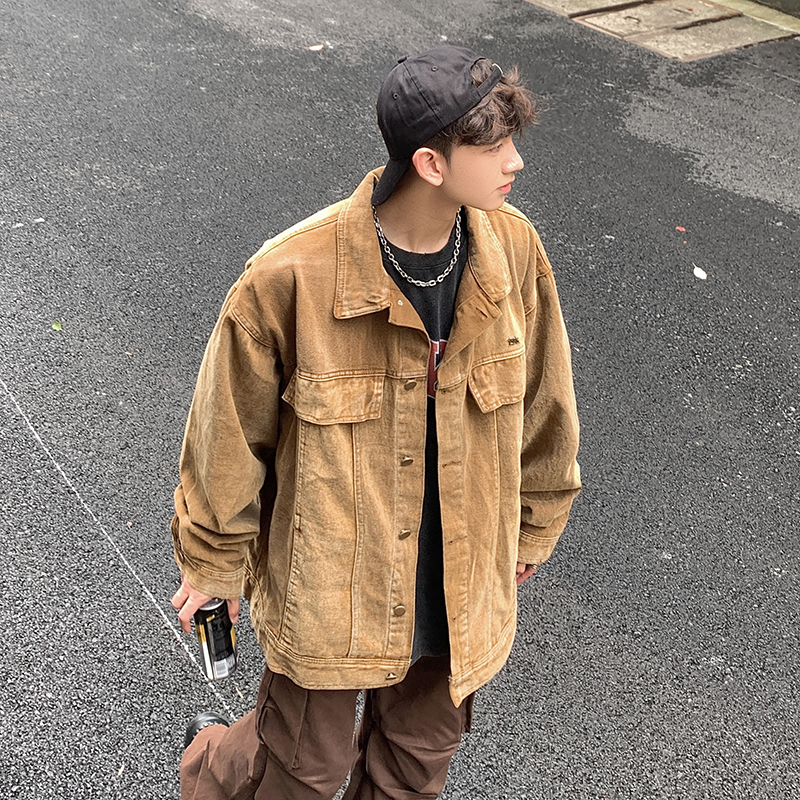 86FANG UP! 秋冬复古纯色加厚牛仔夹克男生简约宽松休闲加厚外套