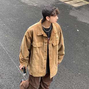 86FANG 秋冬復古純色加厚牛仔夾克男生簡約寬松休閑加厚外套