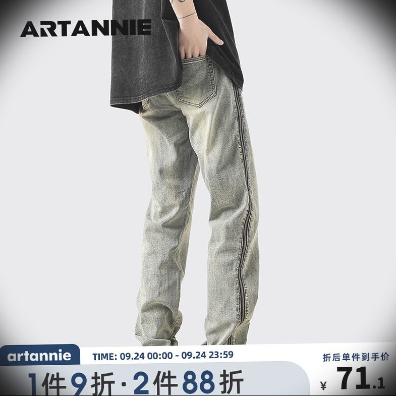 ARTANNIE拉链水洗做旧牛仔裤子男美式高街潮牌bf宽松直筒春秋长裤