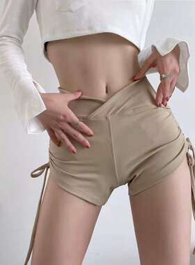 健身瑜伽抽绳跳钢管舞蹈运动短裤女夏高腰提臀蜜桃臀热裤