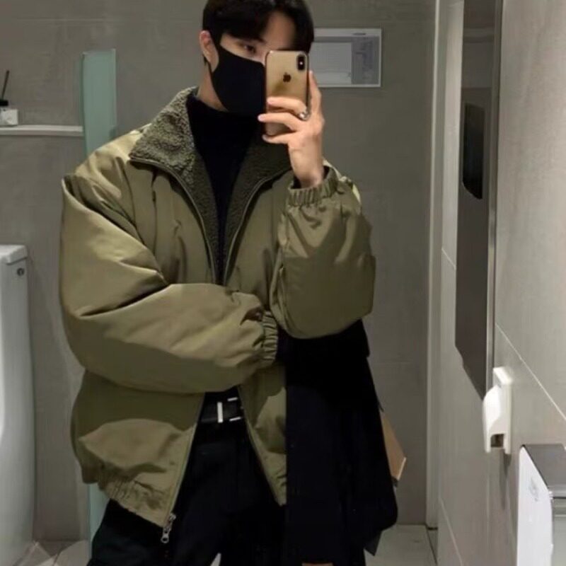 军绿色羊羔毛高街棉服男冬季加厚痞帅感棉衣美式短款夹克