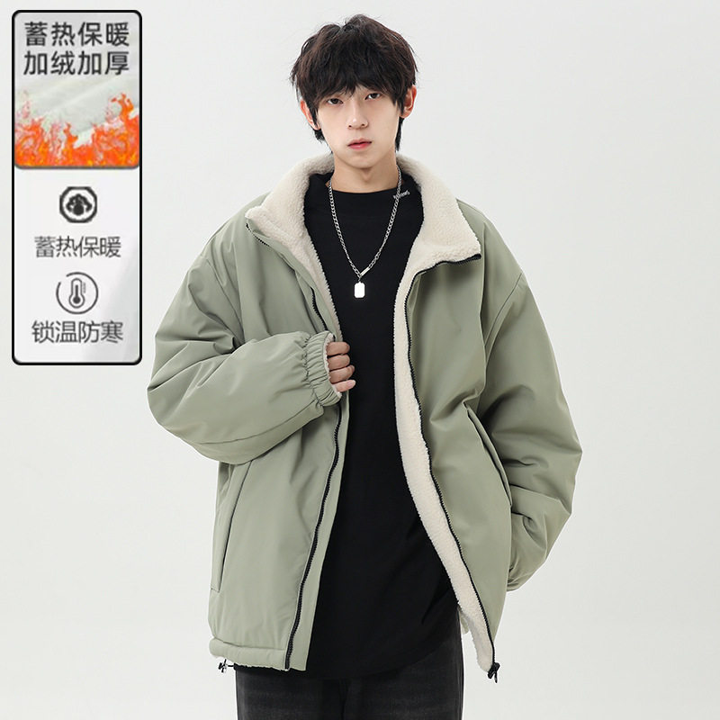 秋冬新品双面穿羊羔绒棉衣简约休闲宽松时尚潮女潮男棉服男