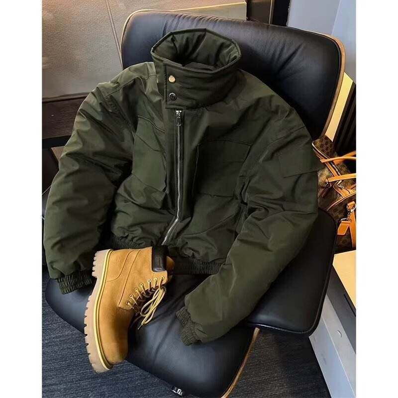 军绿色短款廓形棉服男款冬季美式硬汉穿搭棉衣立领加厚外套黑色