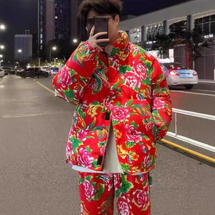 大花袄套装男冬季情侣大码棉衣裤国潮复古外套牡丹花网红棉服加厚