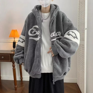 连帽男士秋冬季衣服加厚羊羔绒保暖夹克青少年高质量潮牌冬天外套