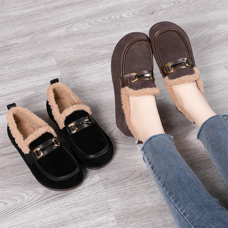 新款 磨砂皮毛毛女鞋秋冬季软底舒适妈妈鞋加绒棉鞋大码平底豆豆