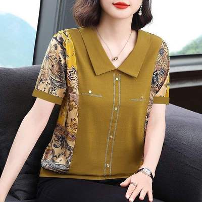 中年女装妈妈装短袖上衣翻领T恤烫钻时尚小衫夏装新款休闲上衣潮