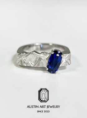AUSTIN翱森·跨越山海 中性风戒指 培育蓝宝石 拉丝工艺银镀18K金