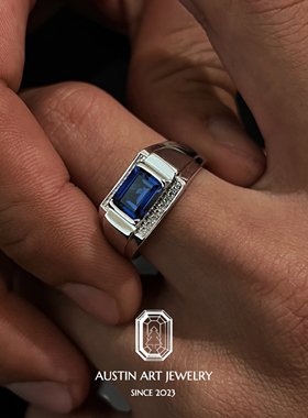 AUSTIN翱森·培育蓝宝石戒指男士戒指·矢车菊色 925银镀18K金