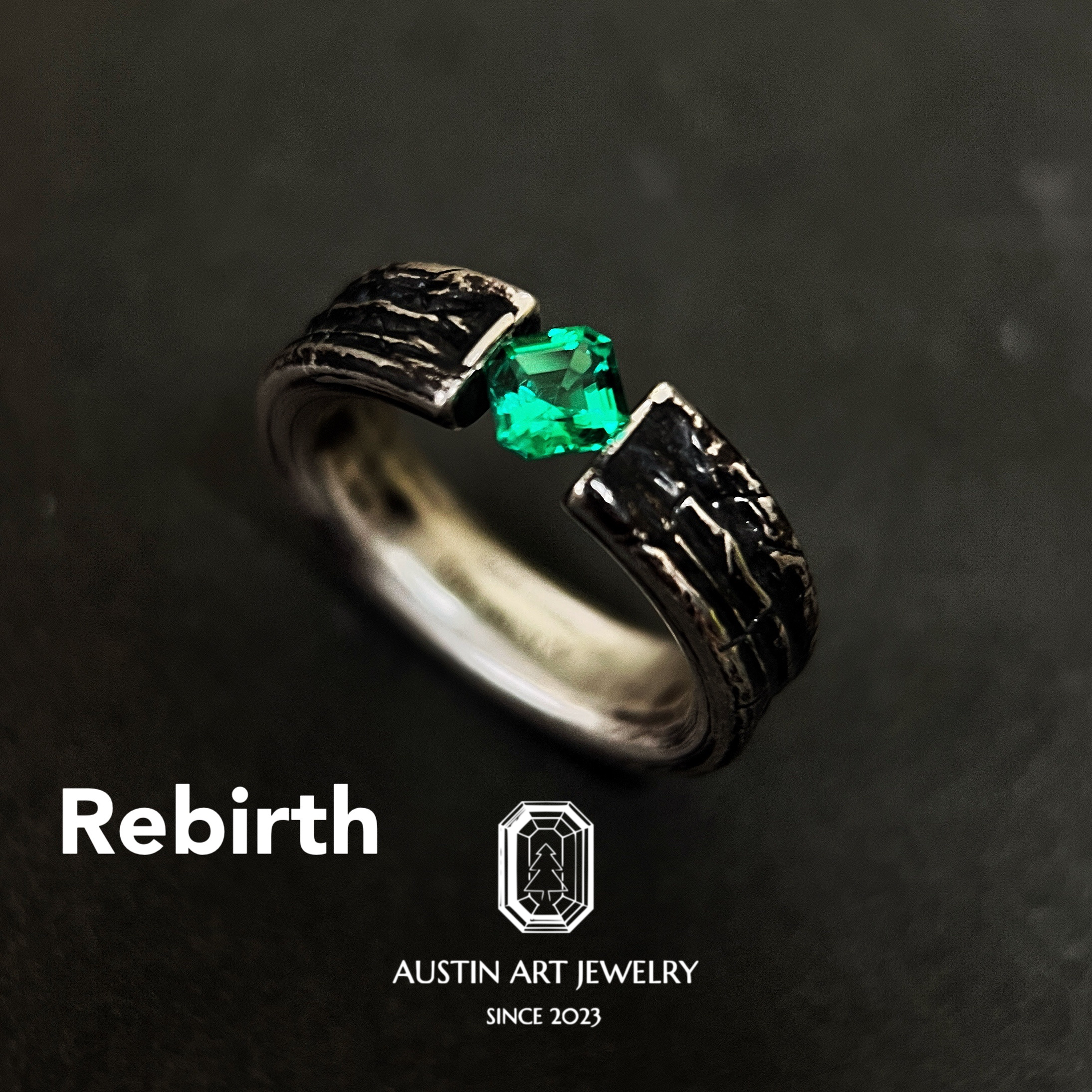 AUSTIN翱森 万物新生 张力镶嵌工艺男戒 中性风 培育祖母绿 925银