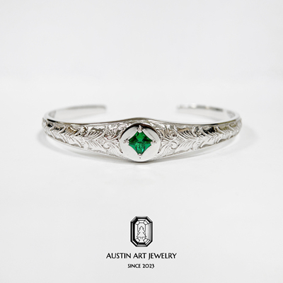 AUSTIN翱森·复古雕金茛笤纹男士手镯 培育祖母绿 925银镀18K金