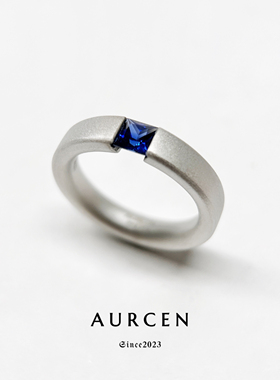 AURCEN翱森·蓝星沙漏 培育蓝宝石戒指男戒 张力镶嵌 S925银镀金