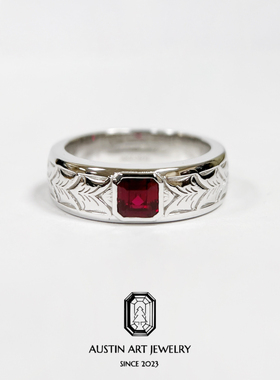 AUSTIN翱森·复古雕金中性风戒指指环 培育红宝石925银镀18K金