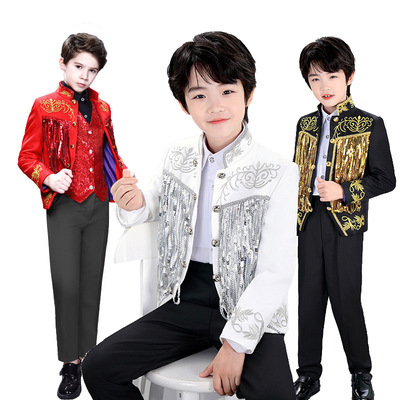 男童潮款亮片流苏刺绣儿童演出服钢琴表演酷王子舞台走秀礼服
