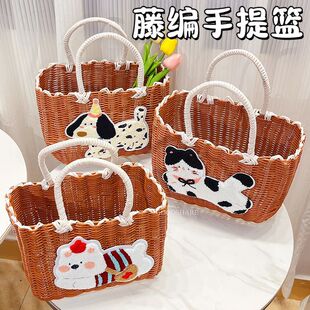 手提菜篮子小狗可爱购物篮卡通仿藤大容量编织户外野餐收纳洗澡