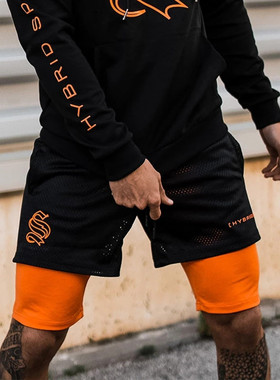 双层夏美式健身短裤男速干跑步训练深蹲篮球高弹假两件运动五分裤