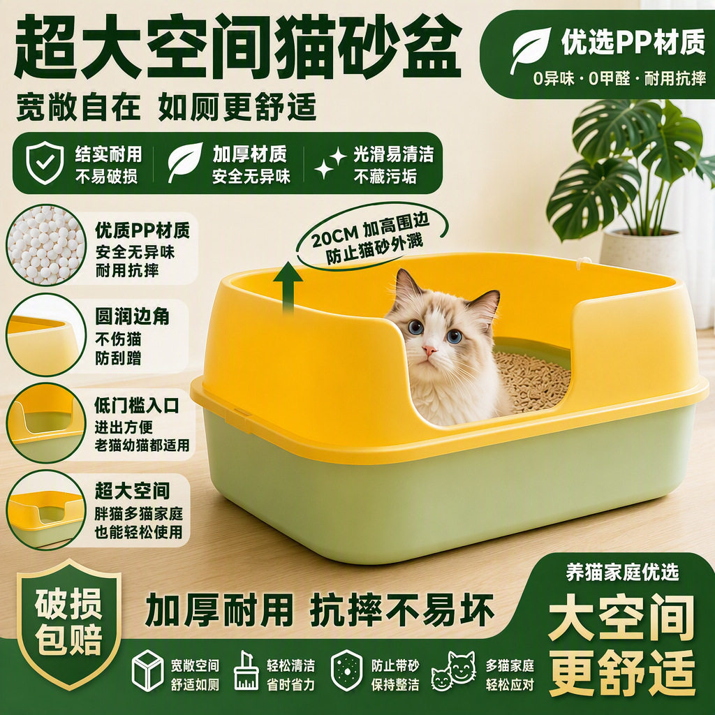 乐优派超大号敞开式半封闭猫砂盆大空间防外溅猫厕所清洁用品批发图片