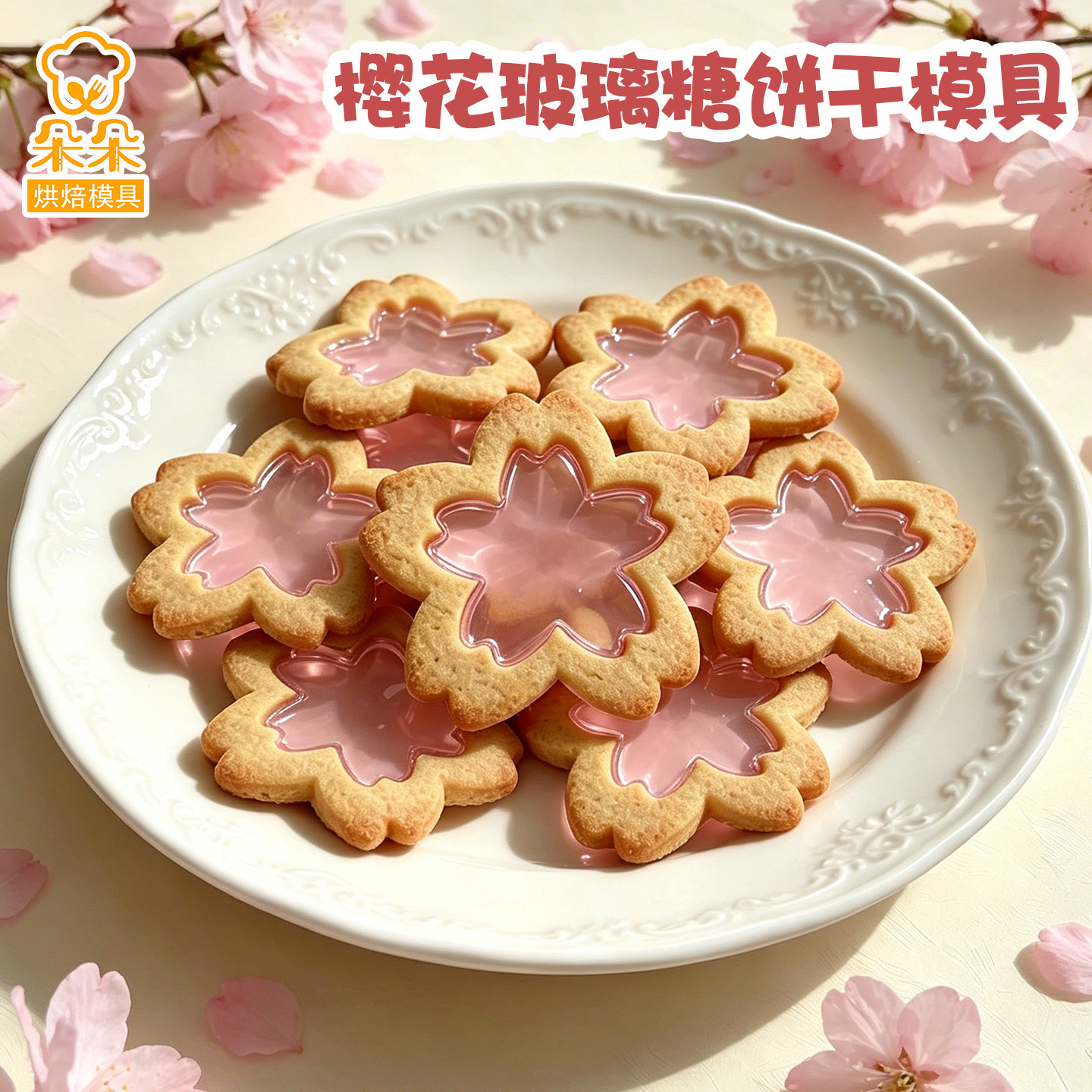 卡通樱花玻璃糖饼干模具春天夹心曲奇家用立体按压式印花烘焙工具
