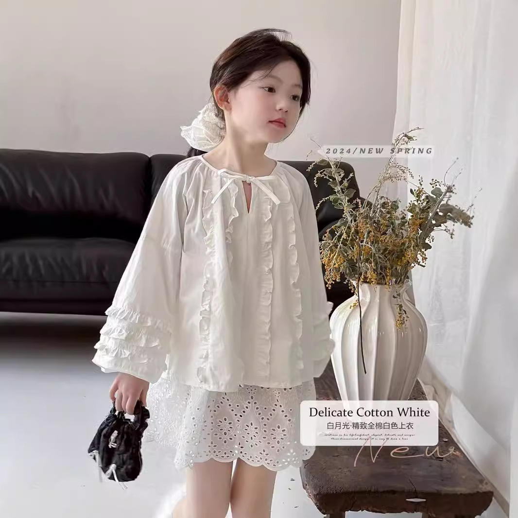 女童白色长袖衬衫秋季新款韩版儿童设计感宽松上衣中大童潮款