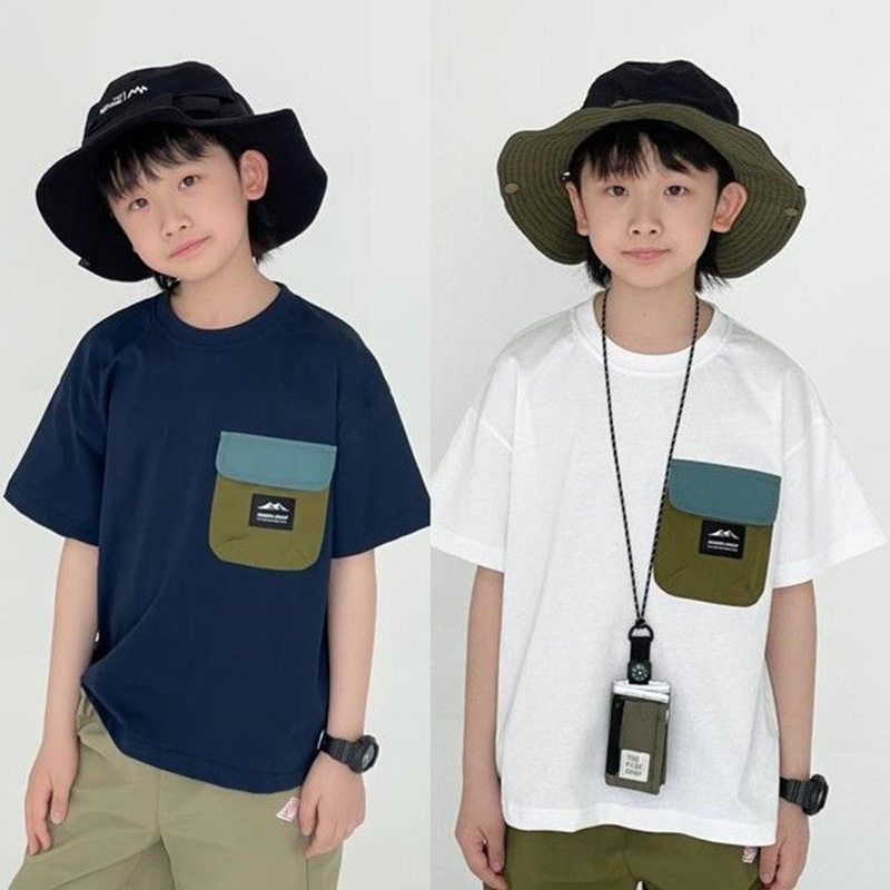 2025夏季新款山系男童短袖拼接口袋露营上衣童装打底T恤日系潮牌