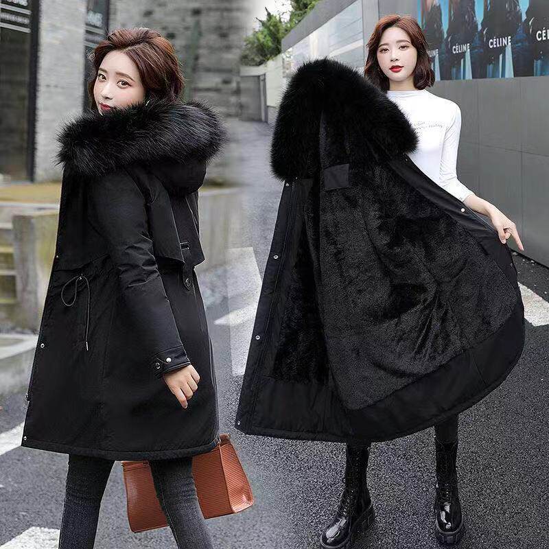 派克服冬季欧美新款女式棉衣中长款大毛领加绒棉服棉袄厚外套