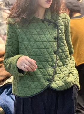 加厚棉衣棉服女秋冬上衣气质优雅撞色切格小包边长袖外套