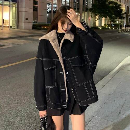 羊羔毛翻领牛仔外套秋冬宽松韩版休闲工装棉服女港风加绒加厚