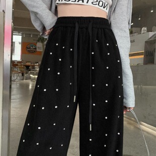 重工镶钻裤子女春季阔腿卫裤亮闪闪带钻宽松垂感直筒休闲长裤