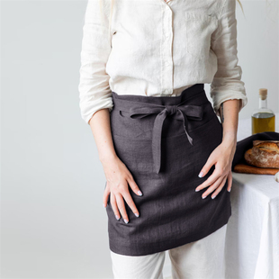 夏季亚麻围裙纯色短款半裙系带薄款工作服咖啡厅奶茶店服务员防脏