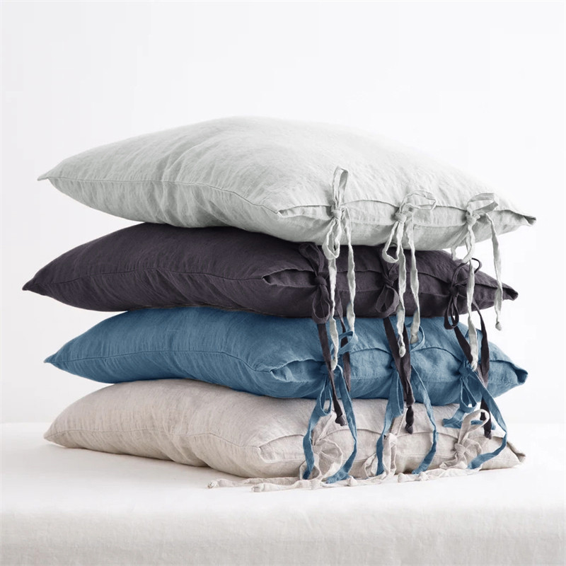 100%亚麻绑带枕套氛围感纯色枕头套48X74CM单只装枕皮单人可定制