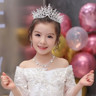 儿童皇冠头饰公主女童王冠水晶项链耳环艾莎花童生日走秀模特发饰