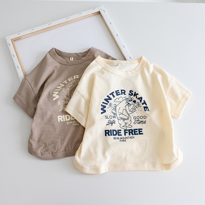 圆领韩版短袖滑板熊T恤字母
